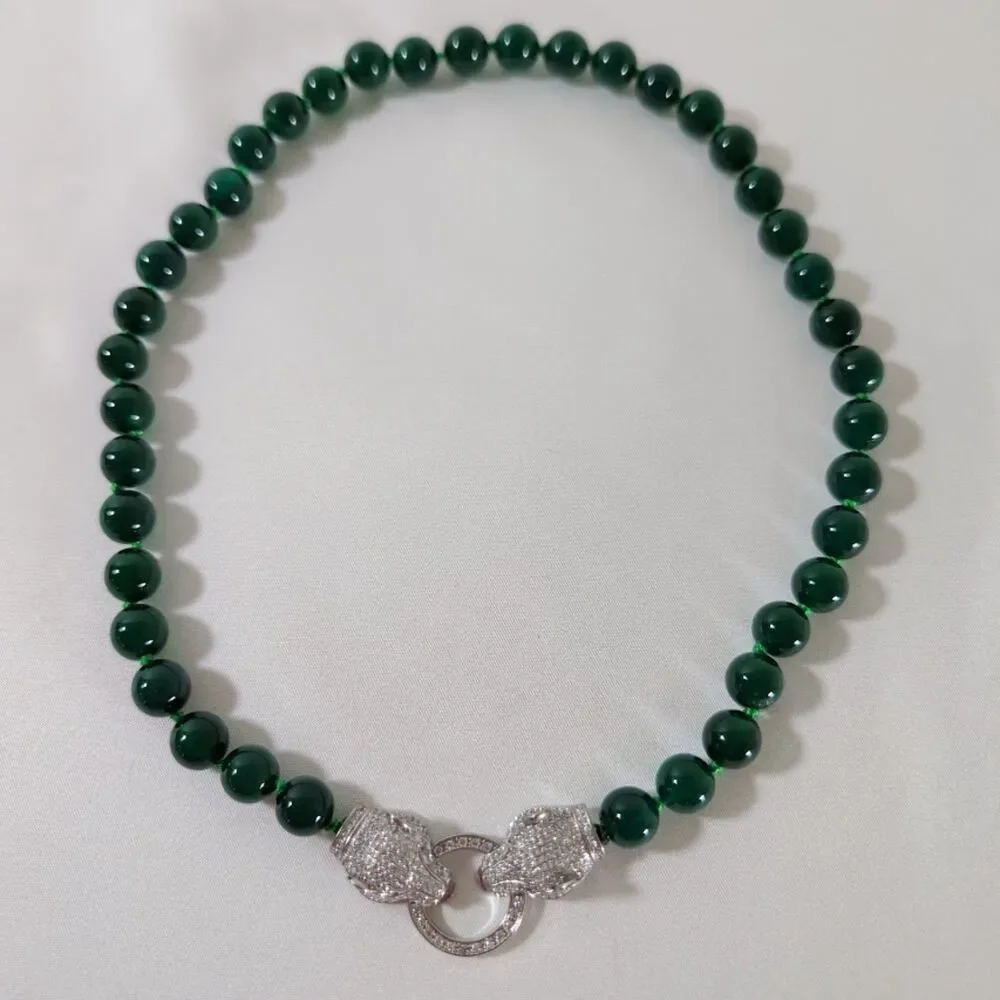 Vintage Double Panther Green Glass Bead Necklace Pave Clasp Hand Knotted